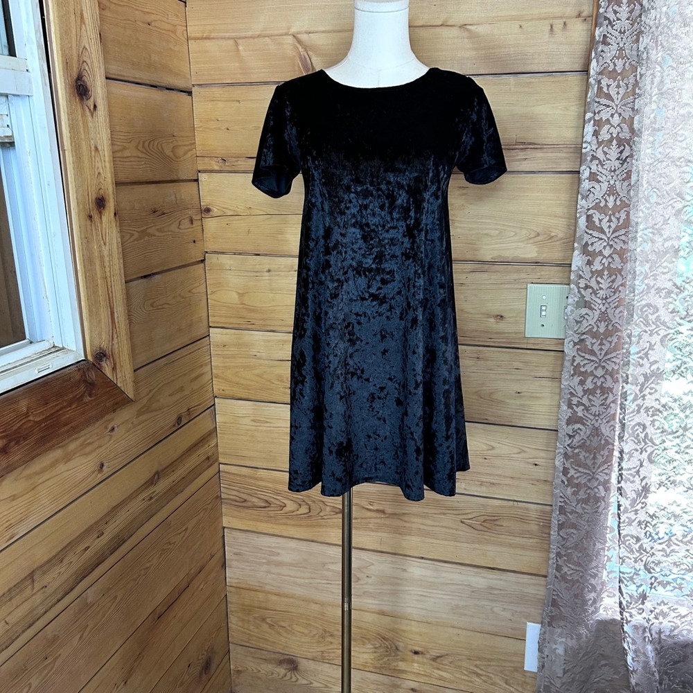 Vintage Crushed Velvet Shift Dress Womens Small Black Babydoll Love Culture